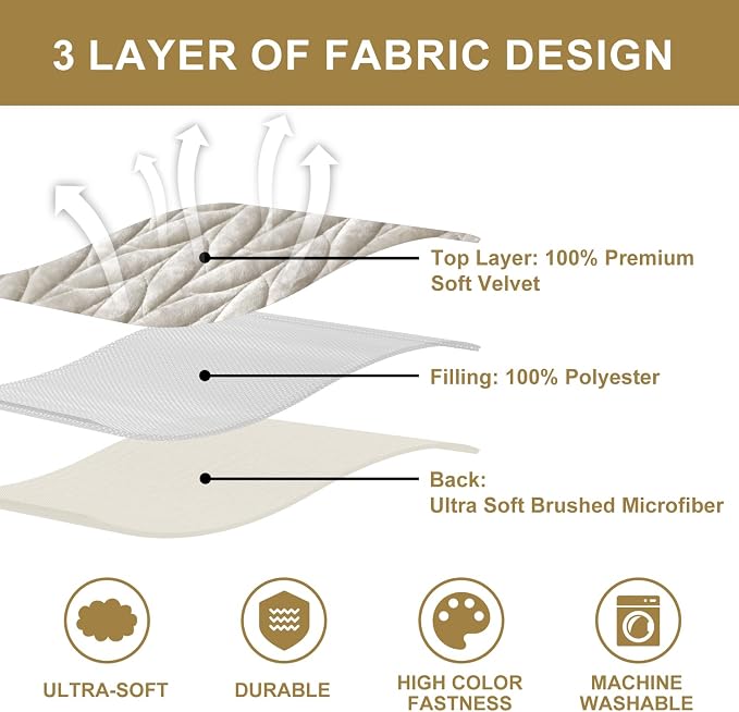 Ivellow Luxury Velvet Quilt Set Queen Size Bedding Sets Lightweight Ultra Soft Velvet Comforter Set Leaves Chevron Stitch Oversized Bedspread Coverlet 3 Pcs Full Bed Cover Sets for All Seasons Beige