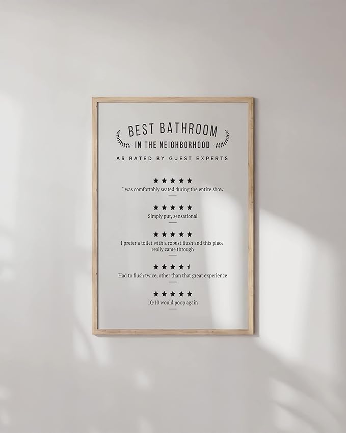 HAUS AND HUES Funny Bathroom Wall Art – Poop Review Sign, “Would Poop Here Again” Print, Humorous Toilet Sign for Bathroom or Guest Bath (24x36, Beige Frame)