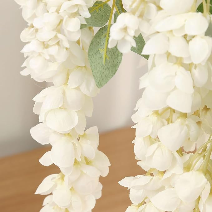 4pcs 47.2-inch Artificial Fake Wisteria Hanging Flower Garland Silk Flower String Home Party Decoration White Blue Pink Purple (White)