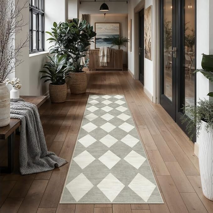 PureCozy 2x8 Runner Checkered Rug for Hallways Gray Washable Long Carpet Non-Slip Low Pile Boho Indoor Accent Throw Rug for Entrance Kitchen Bedroom Dining Laundry