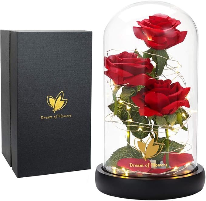 Dream of Flowers Mother Day Enchanted Red Gifts for Mom,Beauty and The Beast Rose in Glass Dome,Anniversary Rose Gifts for Wife,Birthday Gifts for Women,Romantic Red Silk Rose Flower Gifts for Women