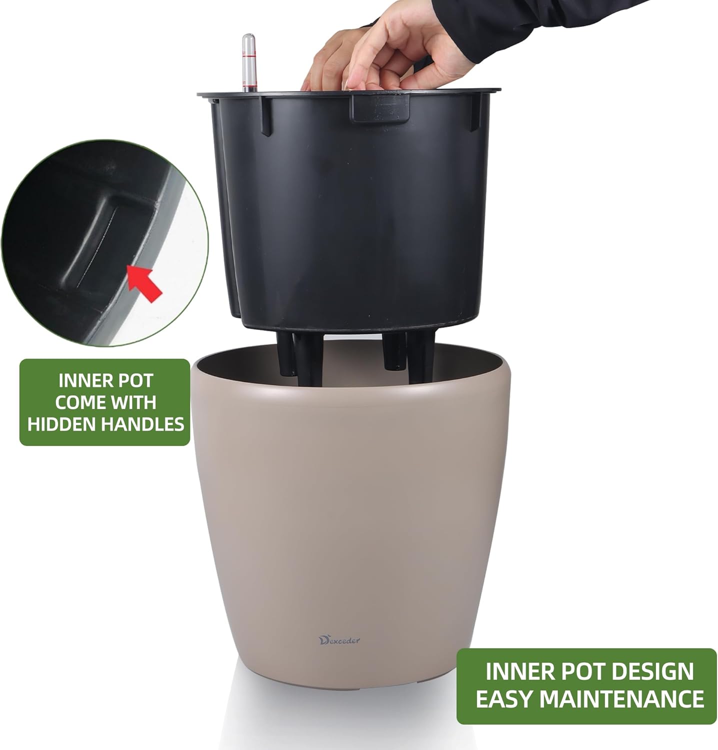 Dexceder 11x10 Inches Self Watering Planter Indoor Outdoor, Inner Pot Design, Thickened Table Flower Plant Pot with Water Level Indicator (Taupe Matte)