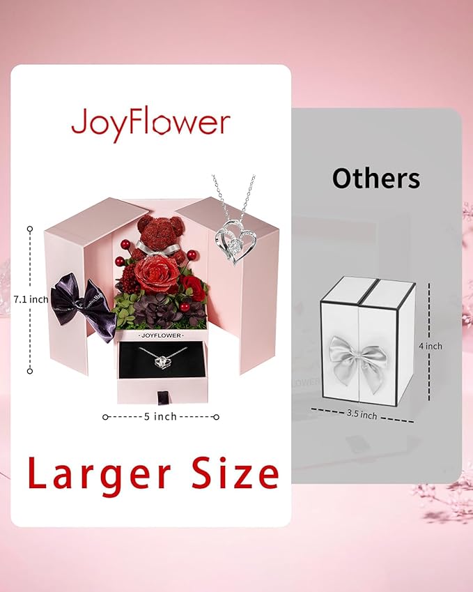 JoyFlower Preserved Flowers Bear with Necklace Gifts for Girlfriend, Unique Pearl Rose Bear Necklace Birthday Gifts for Mom, Red Eternal Roses Mother's Valentine's Day for Wife Her