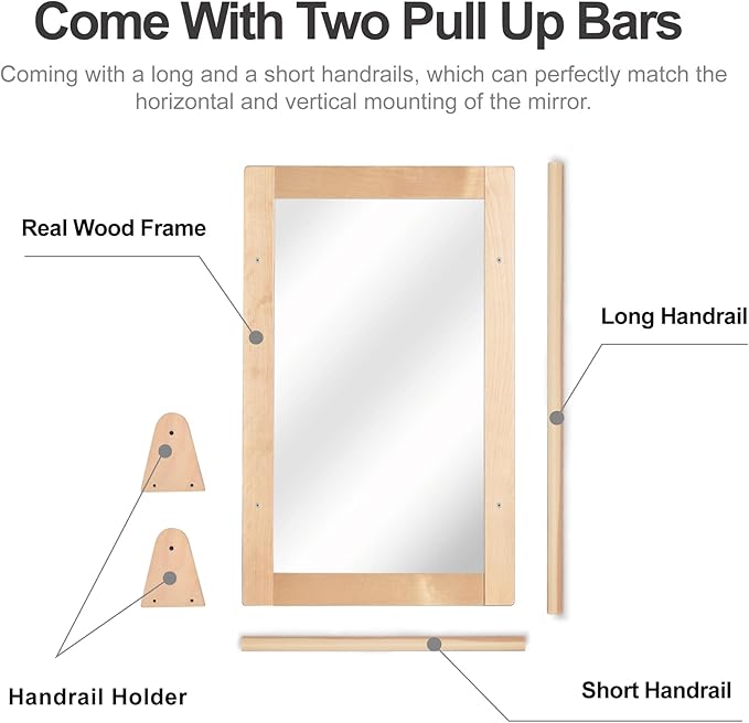 Baby Montessori Wooden Frame Non-Shatter Safety Mirror w/ 2 Pull Up Bars, Infant Coordination Small Mirror for 6-18 Months (Natural)