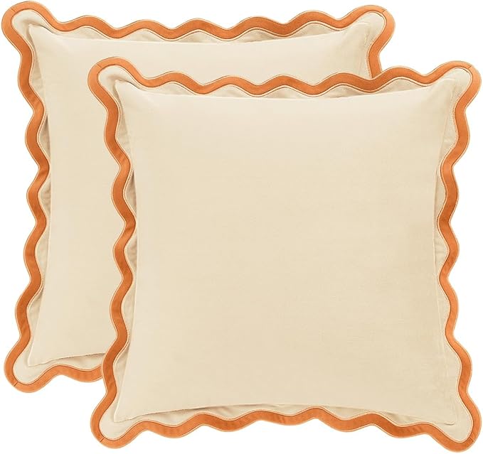 MONDAY MOOSE Decorative Throw Pillow Covers Cushion Cases, Set of 2 Soft Velvet Scalloped Wavy Edge Designs, Mix and Match for Home Decor, Pillow Inserts Not Included (20x20 inch, Honey/Cream)