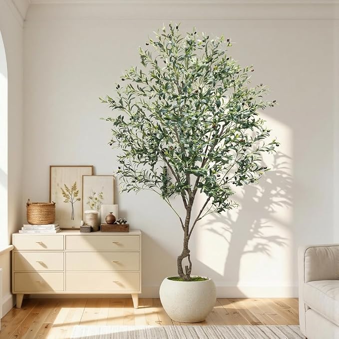 Caxchiling Large Artificial Olive Tree 7FT, Indoor Outdoor Faux Tall Tree | Natural Trunk with Olive Fruits and Buds in White Planter for Home Office Living Room
