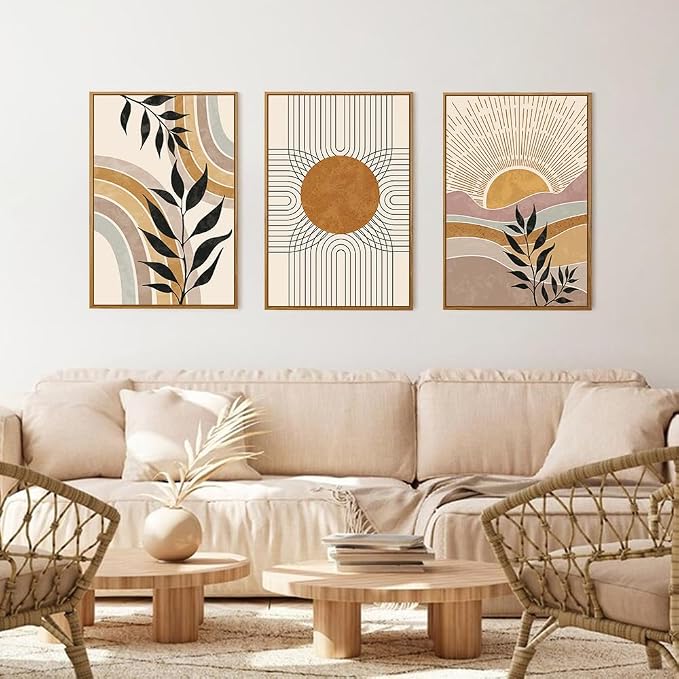HPINUB Boho Framed Canvas Wall Art Prints, Set of 3 Mid Century Modern Wall Decor, Nature Plants Desert Sun Art Paintings, Bohemian Artwork for Living Room, Bedroom, Dining Room, Office - 16"x24"x3