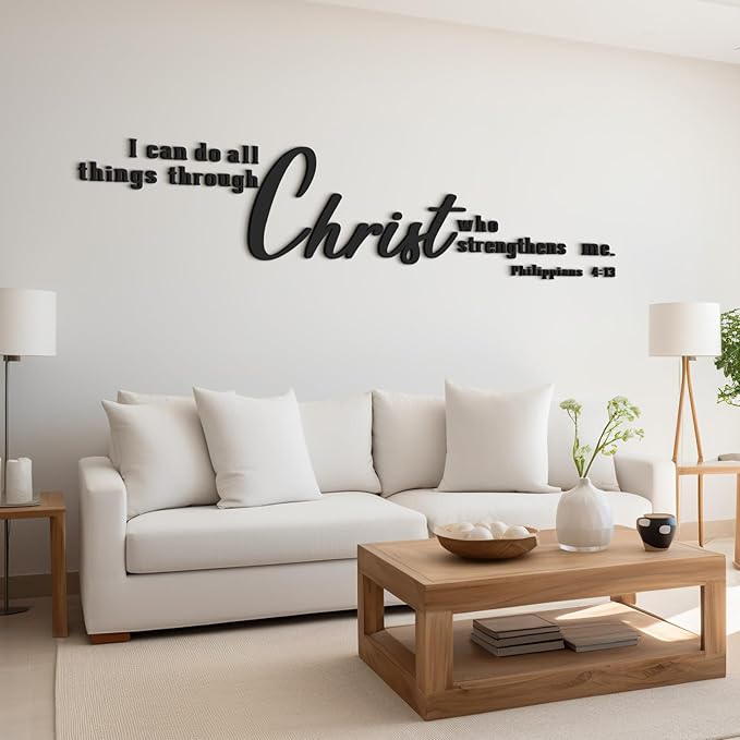 AceOrbit Christian Bible Verses Wall Art Decor I Can Do All Things Through Christ Who Strengthens Me 15.7" x 59" Wooden Religious Scripture Jesus Wall Decor 3D Letters Decoration for Church Home
