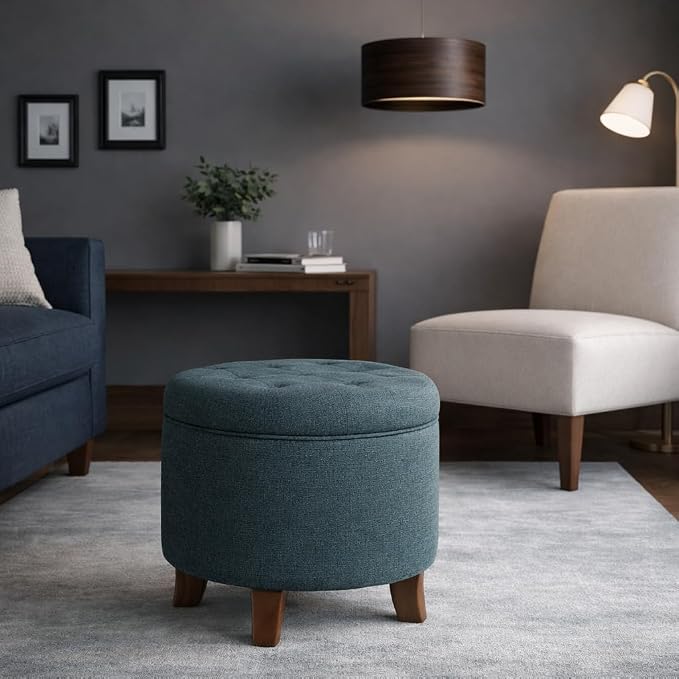 HomePop by Kinfine Fabric Upholstered Round Storage Ottoman - Velvet Button Tufted Ottoman with Removable Lid, Indigo Blue Woven
