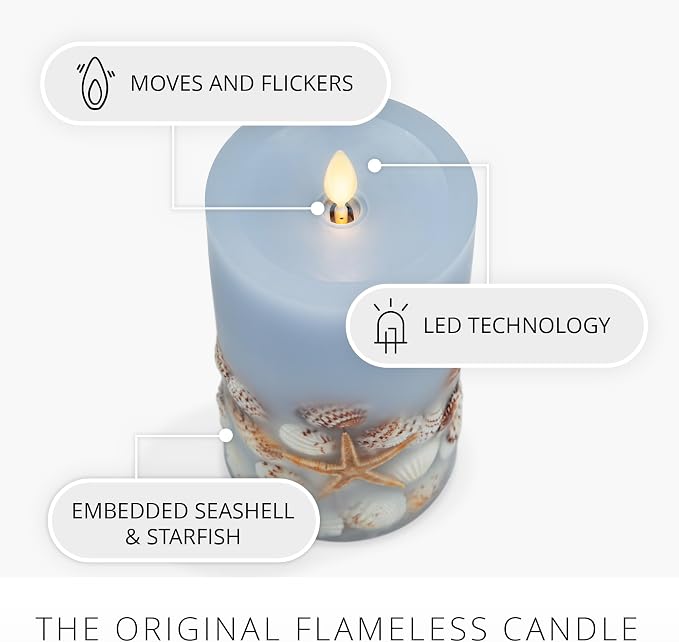 Luminara Flameless LED Candle Soft Chambray Embedded Seashell & Starfish Moving Flame Pillar Unscented Real Wax with Recessed Edge (6.5-inch)