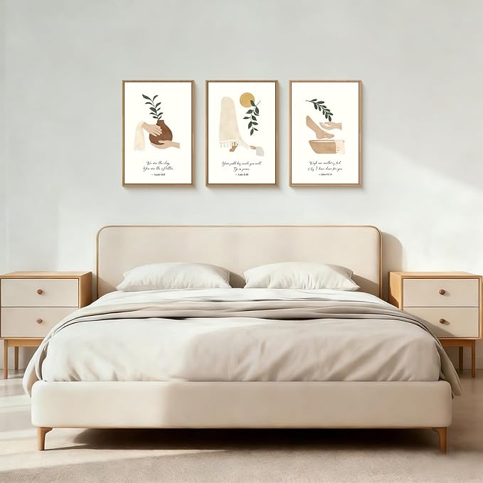 HPNIUB Christian Boho Framed Canvas Wall Art Set,Minimalist Beige Green Botanical Wall Decor,Vintage Bible Verse Art,Neutral Jesus Scripture Art Print for Living Room,Bedroom,Prayer Room-24"x36"x3