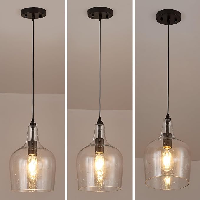Seeded Glass Pendant Light Modern Black 1 Light Single Dome Pendent Lighting Fixtures for Kitchen Island Dining Room Hallway, Dia 9 Inch, E26, UL Listed