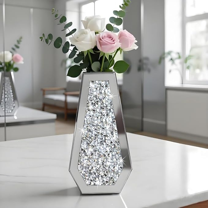 ALLARTONLY Flower Vase Crushed Diamond Mirrored Vase Crystal Silver Glass Decorative Mirror Vase Large Size Luxury For Home Decor. Diamond Shape Thickened. Can’t Hold Water.