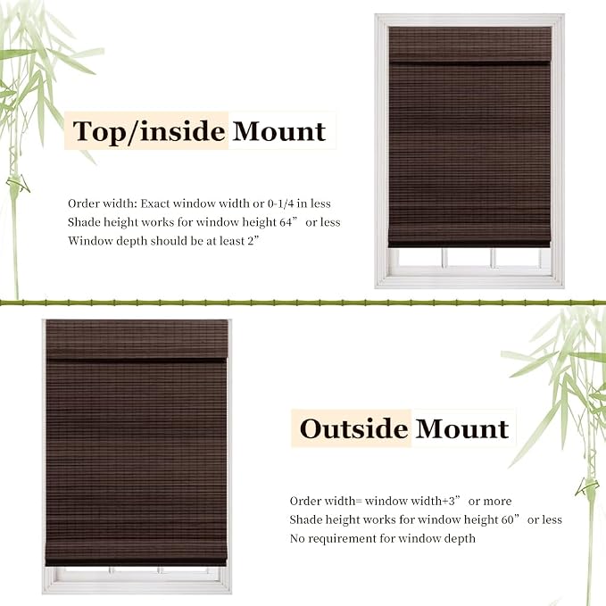 LUCKUP Cordless Bamboo Roman Blinds Shades for Indoor Windows-Blackout Room Darkening Roman Blinds with 6" Valance Cover Enhanced Privacy, 26" W x 64" H