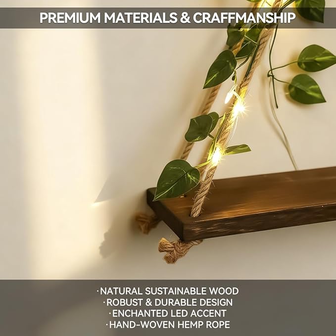 Boho Hanging Shelves for Wall, Set of 2 Wooden Hanging Shelf with LED Lights & Ivy Vines, Decorative Plant Hanging Shelf for Bedroom Living Room Cottagecore Wall Decor