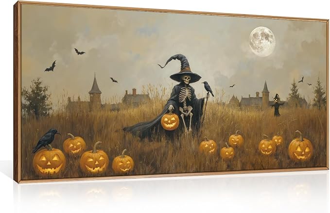 Halloween Ghost Reaper Framed Wall Art,Scary Witchy Pumpkin Wall Decor,Horror Night Wall Painting,Full Moon Bats Artwork for Living Room,Bedroom,Halloween Themed Party-40×20"×1