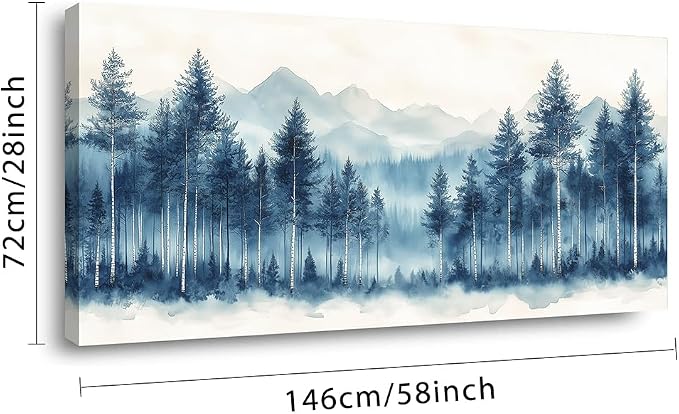 Ggaafet Watercolor Blue Forest Wall Art for Living Room Canvas Painting Prints Beautiful Mountain Woods Landscape Art Deco Nature Artwork Office Bedroom Family Dining Room Decor Extra Large