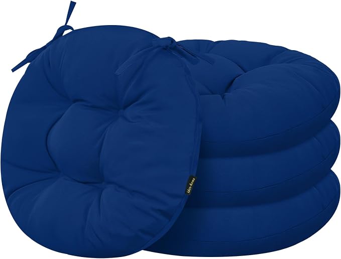 idee-home Outdoor Bistro Chair Cushions Set of 4, Round Seat Cushions | 18”x18”x 6” Thick Outdoor Round Seat Pads Tufted with Ties, Waterproof Patio Furniture Pads for Garden
