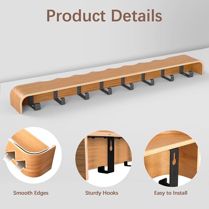 Coat Rack Wall Mount with Hidden Hooks, Wall Hooks with Shelf, Wall Key Holder Mount Wooden Shelf Entryway Hooks for Bedroom Bathroom for Hanging Coats Hats Bags Towels (Oak Wave-Shape, 8 Hooks)