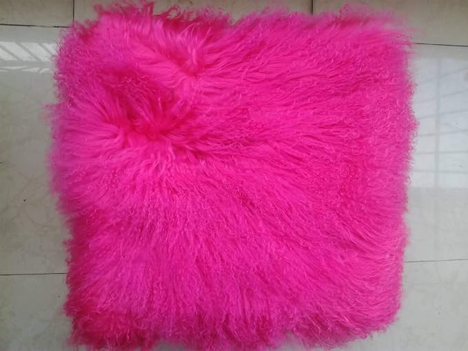 16 x 16in 100% Real Mongolian Lamb Fur Throw Pillow Cover Fur Decorative Cushion Cover Pillow Case for Living Room Bedroom,Rose Red