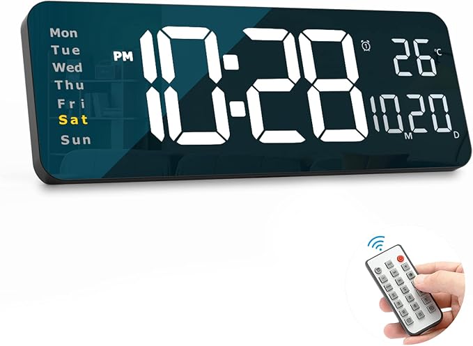 YISILE Digital Wall Clock Large Display, 16.2" Large Digital Wall Clock with LED Display Remote Control, Automatic Brightness Dimmer Big Clock with Date Week Temperature（White）