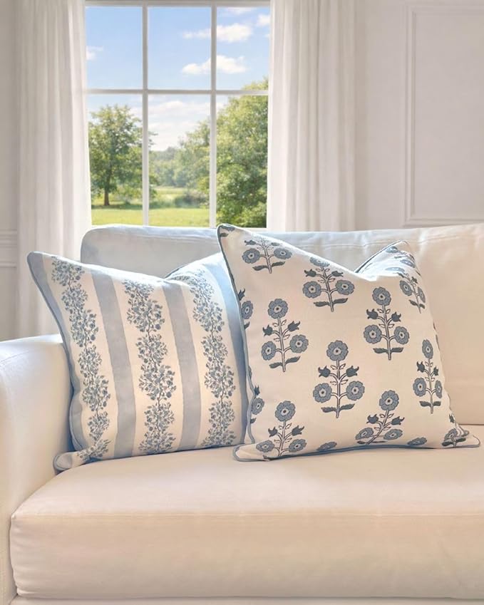 Jillien Harbor "The Stella” Floral Block Print Pillow Cover – Blue & White Decorative Throw Pillow Cover with White Background – Grandmillennial Home Decor, 20" x 20"