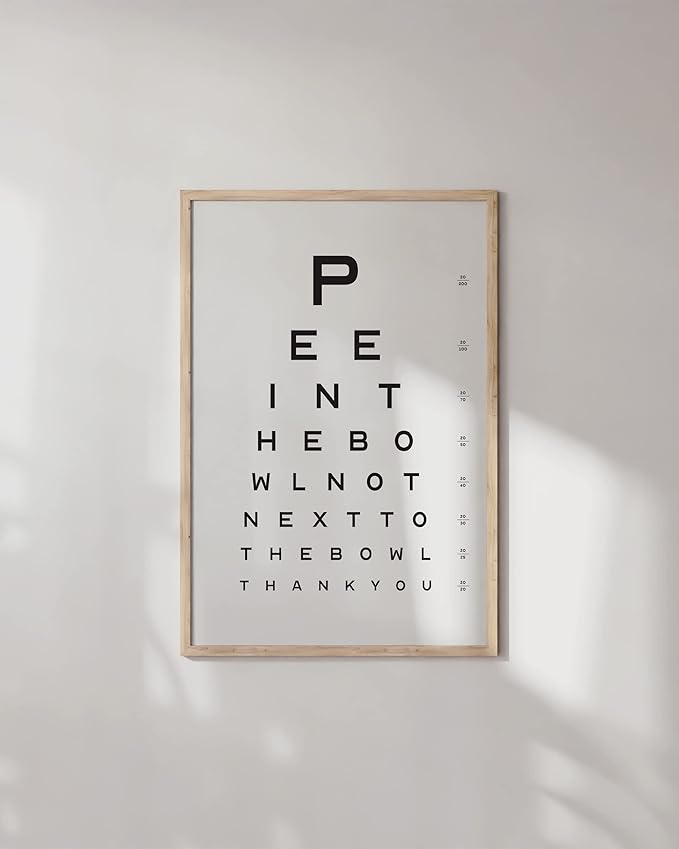 HAUS AND HUES Funny Bathroom Signs – Eye Chart Restroom Poster, Playful Washroom Artwork, Humorous Home Accent (24x36, Beige Frame)