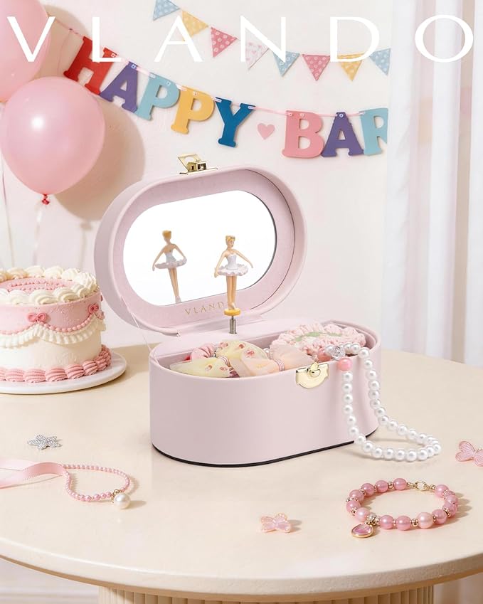 Vlando Musical Jewelry Box for Girls - Kid Music Box with Ballerina for Birthday Bedroom Decor - Valentines Day Birthday Gift for Girls Ages 4 5 6 7 8-12 Year Old - Pink
