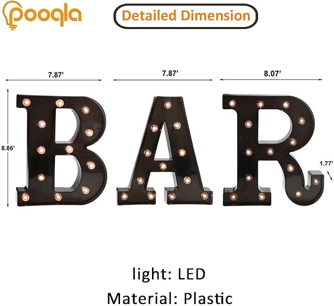 BAR - Illuminated LED Marquee Word Sign - Pre-Lit Pub Bar Sign - Battery Operated (23.03-in x 8.66-in) (Black)