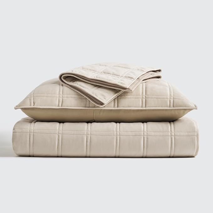 EverGrace 3 Pieces Luxurious Velvet Quilt Queen Size, Ultra Soft Bedspread Coverlet Set, Double Box Stitch Lightweight Velvet Comforter for All Season with 2 Shams, Beige, 92"x96"