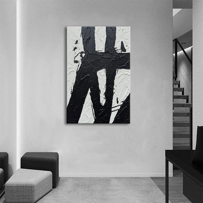 Hand Painted Black and White 24x36 Wall Art, Black and White Paintings Vertica Texture Abstract Wall Canvas Contemporary Art Minimalist Home Decorations Framed Artwork Wall