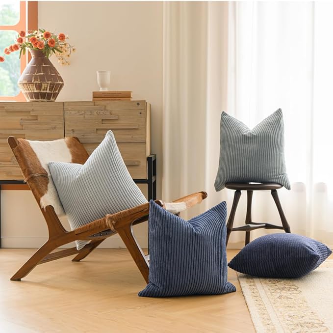 LANANAS Neutral Couch Throw Pillow Covers 20x20 Inch Set of 4 Decorative Farmhouse Boho Throw Pillows for Living Room, Couch, Bed, Sofa Soft Corduroy Accent Home Decor (Blue Ocean, 20x20 Inch)