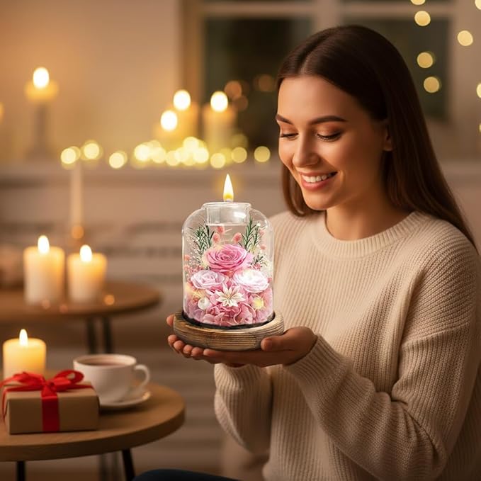 Gifts for Mom, Preserved Rose Flowers in Glass Dome, Forever Flowers for Delivery, Eternal Rose, Birthday Gifts for Women, Mothers Day for Grandma, Wife, Daughter, Anniversary(Pink)