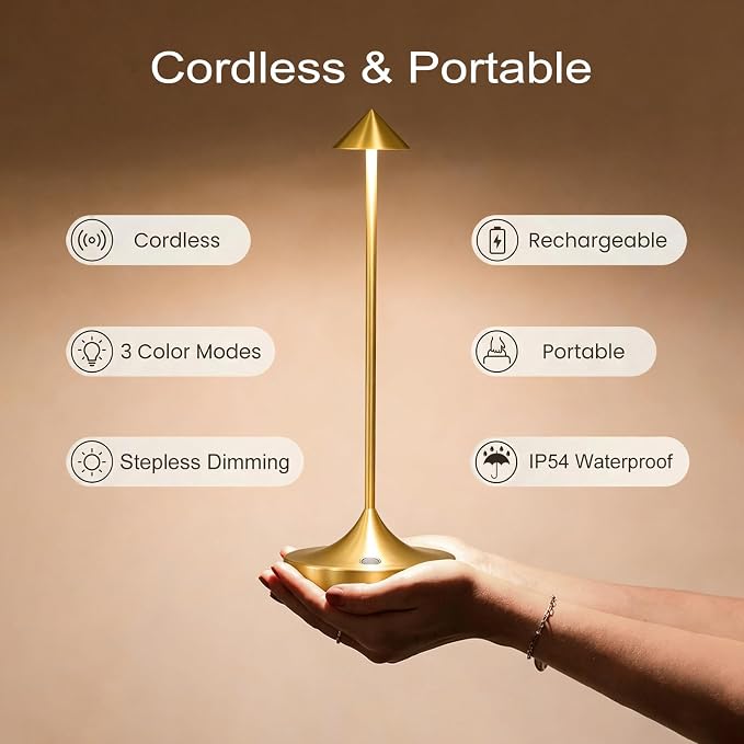 Rechargeable Cordless Table Lamp, Battery Operated LED Lamps | 3-Color Stepless Dimmable, Portable IP54 Waterproof Outdoor Lamps for Patio Dining Bar Home Office ( 1-Pack Glossy Gold)