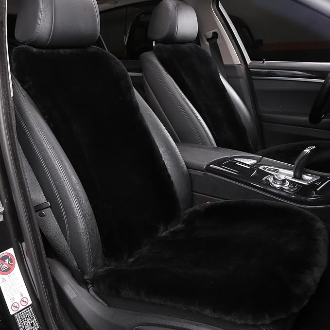 OGLAND 2 Pack Fuzzy Sheepskin Car Seat Covers| Fluffy Front Seat Cushions | Plush Soft Fur Protectors for Car Bucket Seats Accessories| Year-Round Comfort for Long Road Trips | Black
