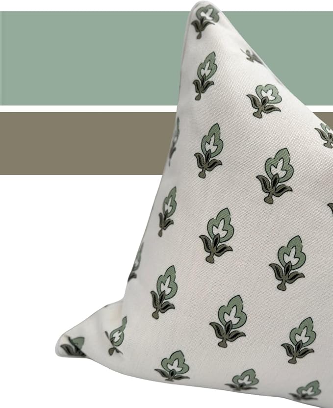 Jillien Harbor “The Poppy” Floral Block Print Pillow Cover – Green Leaf Decorative Festive Throw Pillow Cover with White Background – Grandmillennial Home Decor, 20" x 20"