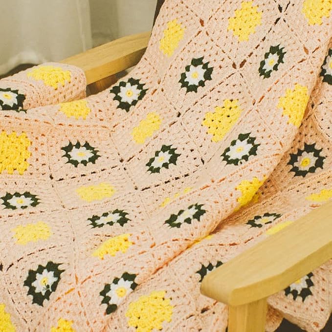 RISEON Handmade Granny Square Crochet Throw Blanket Sweater Style Mat, Crochet Quilt, Multicolor Boho Travel Accent Decor Throw for Sofa Comforter Couch Bed Recliner Living Room Bedroom (Pink)