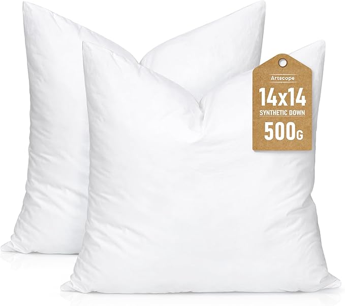 Artscope Synthetic Down Lumbar Pillow Insert, 14x14 Down Alternative Throw Pillow Insert. Ultra Soft Fluffy Sleeping Pillow with 100% Cotton Cover, Decorative Pillows Set of 2-White