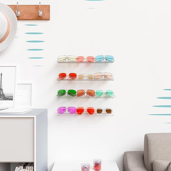Yieach 6 Pack 15" Acrylic Shelves for Wall,Bathroom,Bedroom - with Adhesive - No Drilling Clear Floating Shelves for Funko Pop,Lego,Action Figures,Nail Polish,Perfume Shelf and Wall Storage & Display