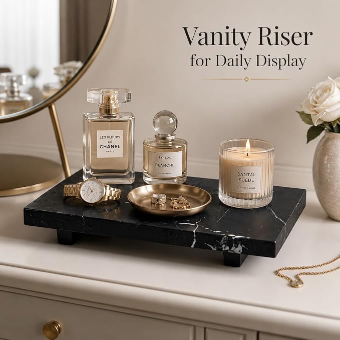 Small Black Marble Soap Dispenser Pedestal Tray 9.84 in | Stone Pedestal Tray for Bathroom Counter, Vanity Riser for Perfume, Jewelry, Candles and Dresser Decor
