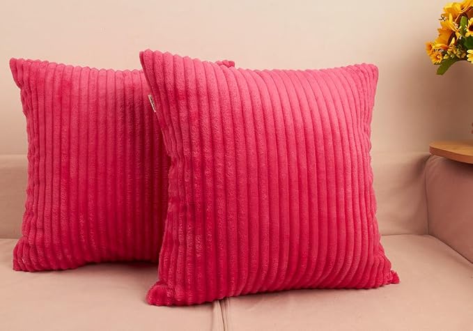 TangDepot Velvet Big Corduroy Pillow Covers 24x24 Deep Hot Pink 2-Pack | Soft wide-stripe corduroy pillow cover, hidden zipper, machine washable, easy refresh, for bedroom living room indoor outdoor