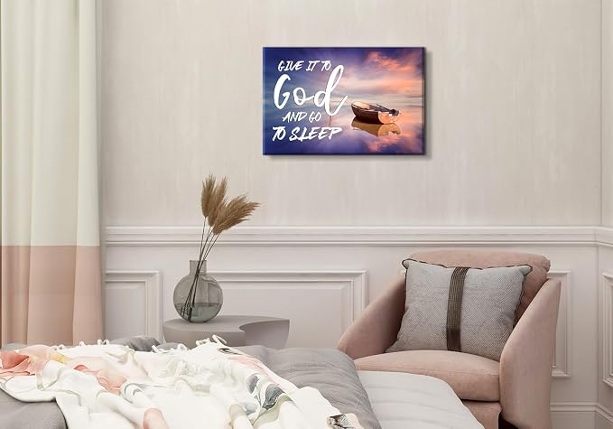 Beach Christian Wall Art Canvas Give It to God and Go to Sleep Religious Sign Poster Bedroom Wall Decor Bible Verse Scripture Artwork Sunset Boat Picture Living Room Above Bed Home Decorations 12x16''