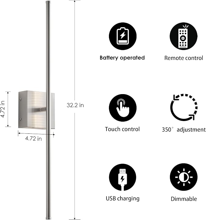 KARTOOSH 32.2 Inch Wall Sconces Battery Operated for Living Room Nickel | Rechargeable Wireless Wall Lamp Set of 2, 3000K Warm White Dimmable Wall Light Remote Control Indoor Lighting for Bedroom