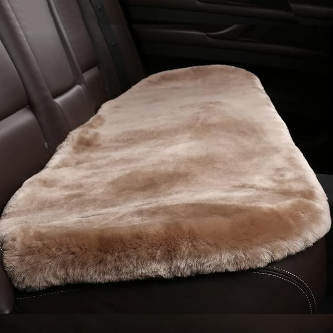 OGLAND Fuzzy Genuine Sheepskin Car Rear Seat Cover for Kids Dogs Pets Auto Bench Back Cushion Interior Accessories with Soft Fluffy Wool Natural Fur, Camel Brown