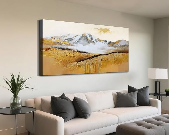 Arjun Textured Mountain Landscape Canvas Wall Art Extra Large 58"x29"- Gold Peak & Misty Valley Painting, Golden Drip Artwork Large Framed Picture Prints for Living Room Bedroom Home Office Wall Decor