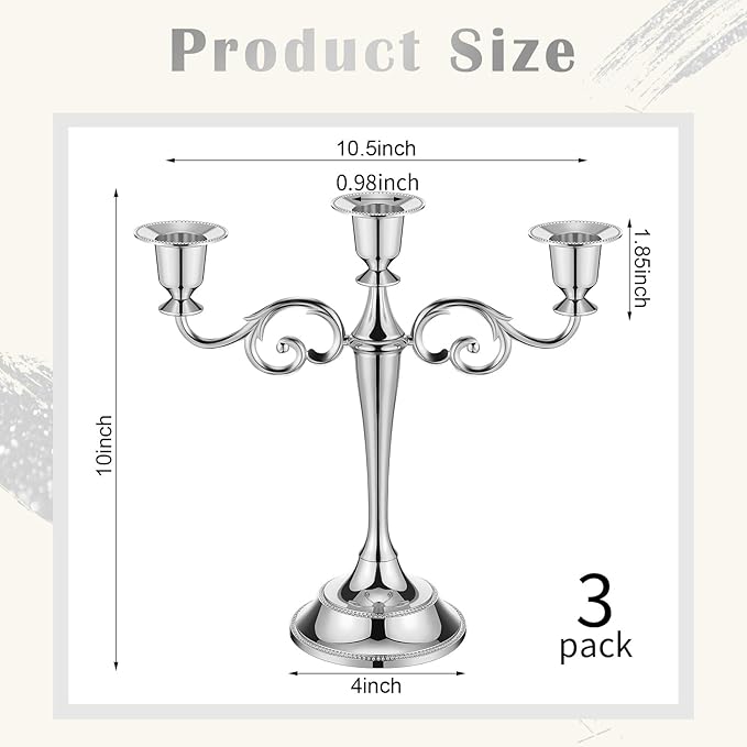 Dandat 3 Pcs 3 Arm Metal Candelabra Candlestick Holders Tall Candlestick Holders Gothic Candle Holder for Home Wedding Church Christmas Party (Classic,10 Inch,Silver)