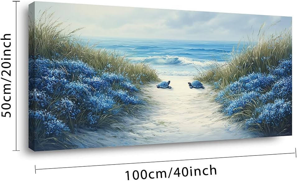 LASMOND Romantic Beach Wall Art for Living Room Blue Sea Turtle Lovers Canvas Painting Prints Ocean Sandy Romance Flowers Large Bedroom Office Decor Artwork (40x20 Inches)