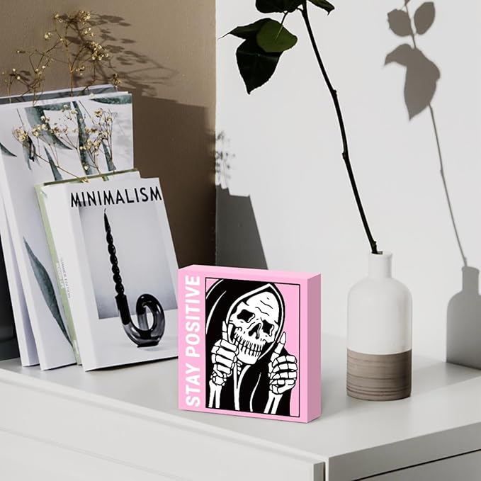 Skull Gothic Home Decor Goth Decor Halloween Skeletons Stay Positive Skulls Skeleton Man Sign for Home Office Desk Accessories Gifts 5 x 5 Inches (Pink)