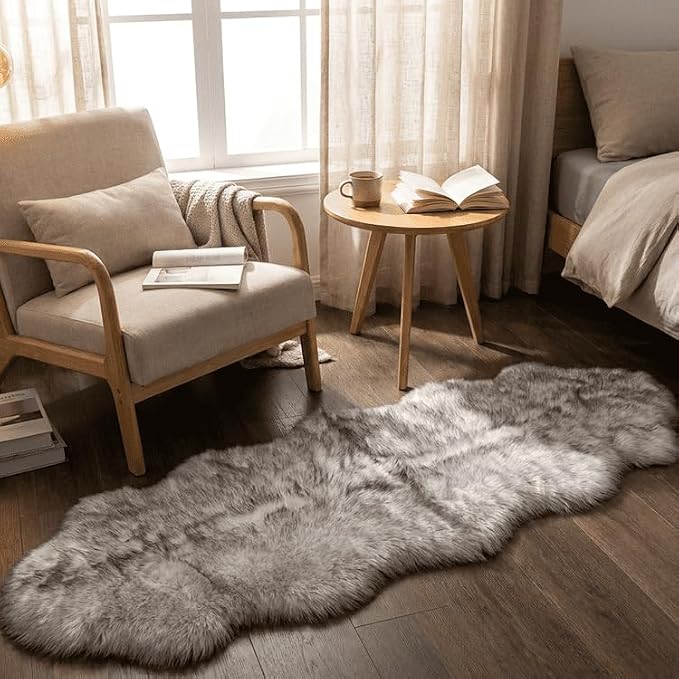 Fluffy Genuine Sheepskin Rug, Fuzzy Shaggy Fur Area Rug for Soft Fur Pray Pup Carpet, Chair Sofa Cover, Bedroom, Living Room, Double Pelt (Wolf Tipped, 2x6ft)