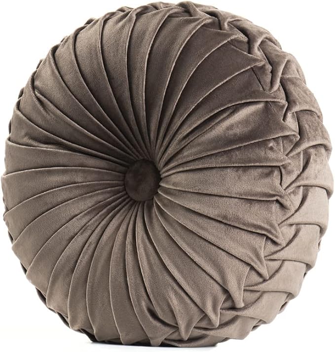 MOJUN Velvet Throw Pillow - Round, Pleated, Filled - Home Decorative Pillow for Couch, Chair, Bed, Car, Floor (Coffee, 14inch)